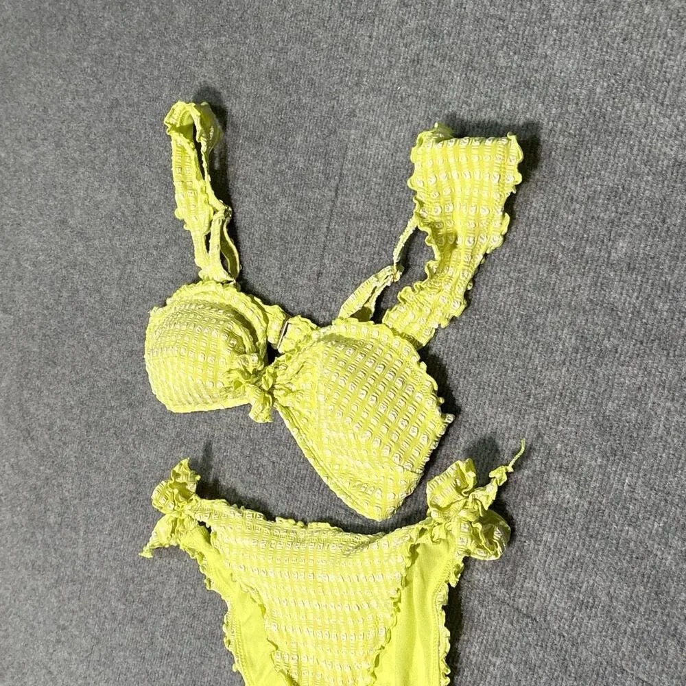 Adore Me Yellow Gingham Bikini Set Size M Tie Side Ruffle Swim